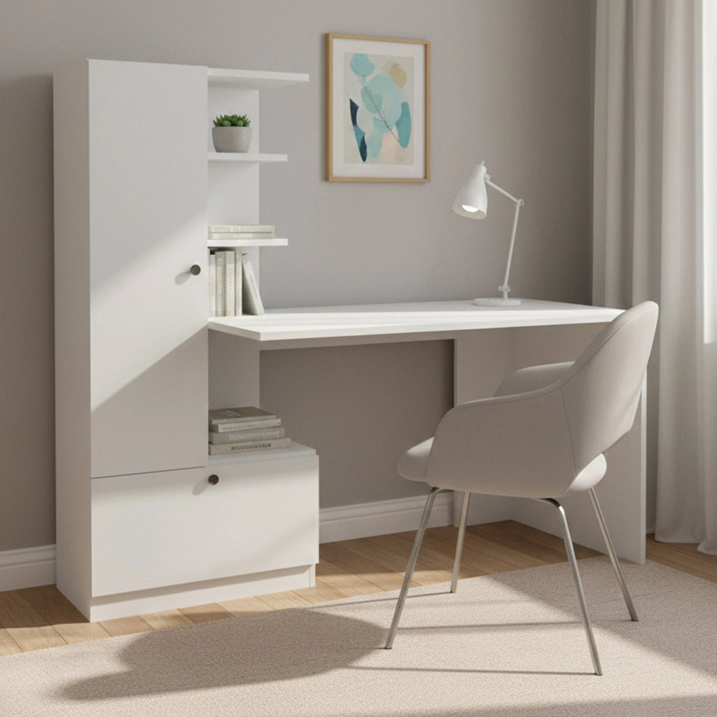 Scrivania Marilena, Scrittoio multiuso, Tavolo per ufficio porta PC, Piano di lavoro, 150x62h140 cm, Bianco