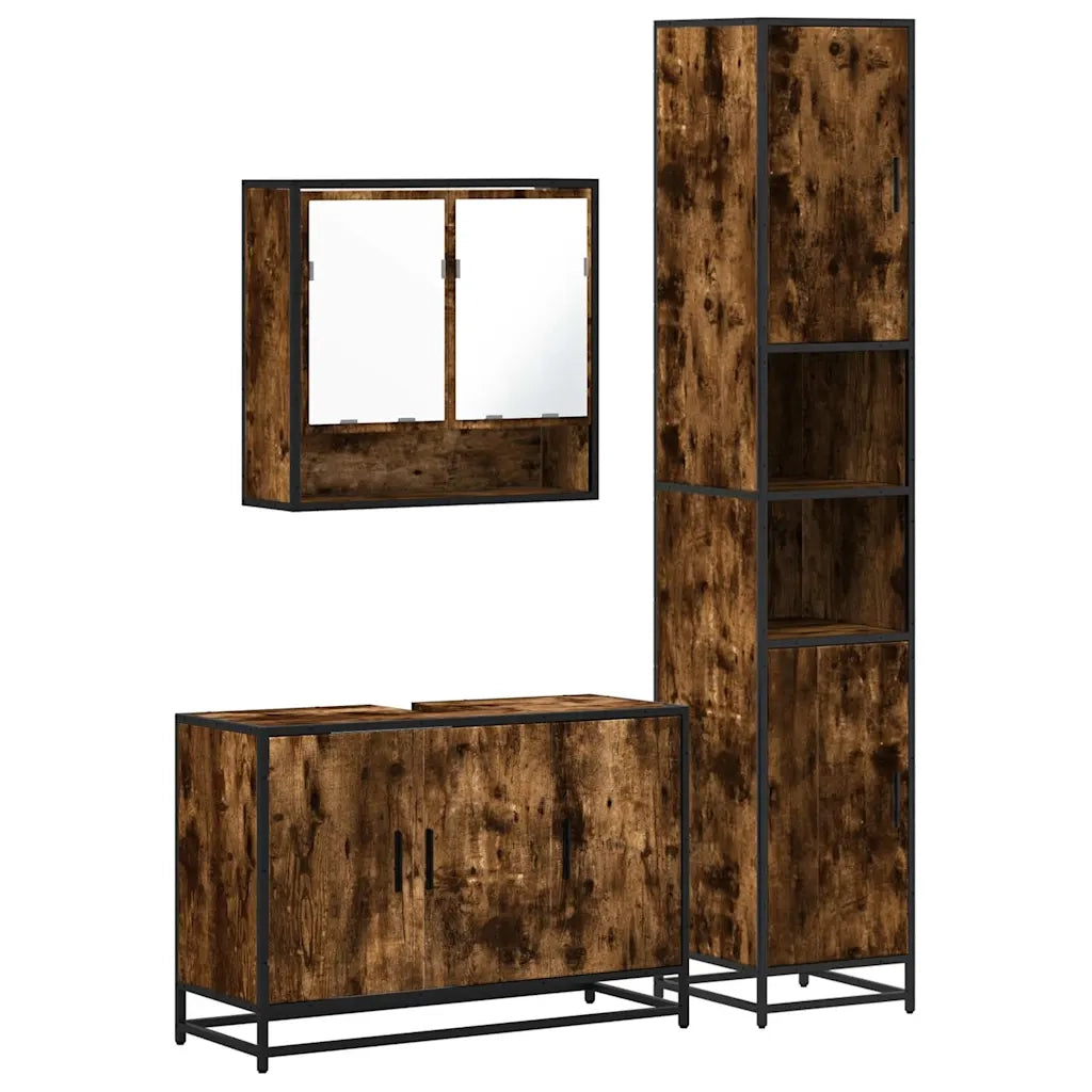 Set Mobili da Bagno | Armadio da bagno 3 pz Rovere Fumo in Legno Multistrato