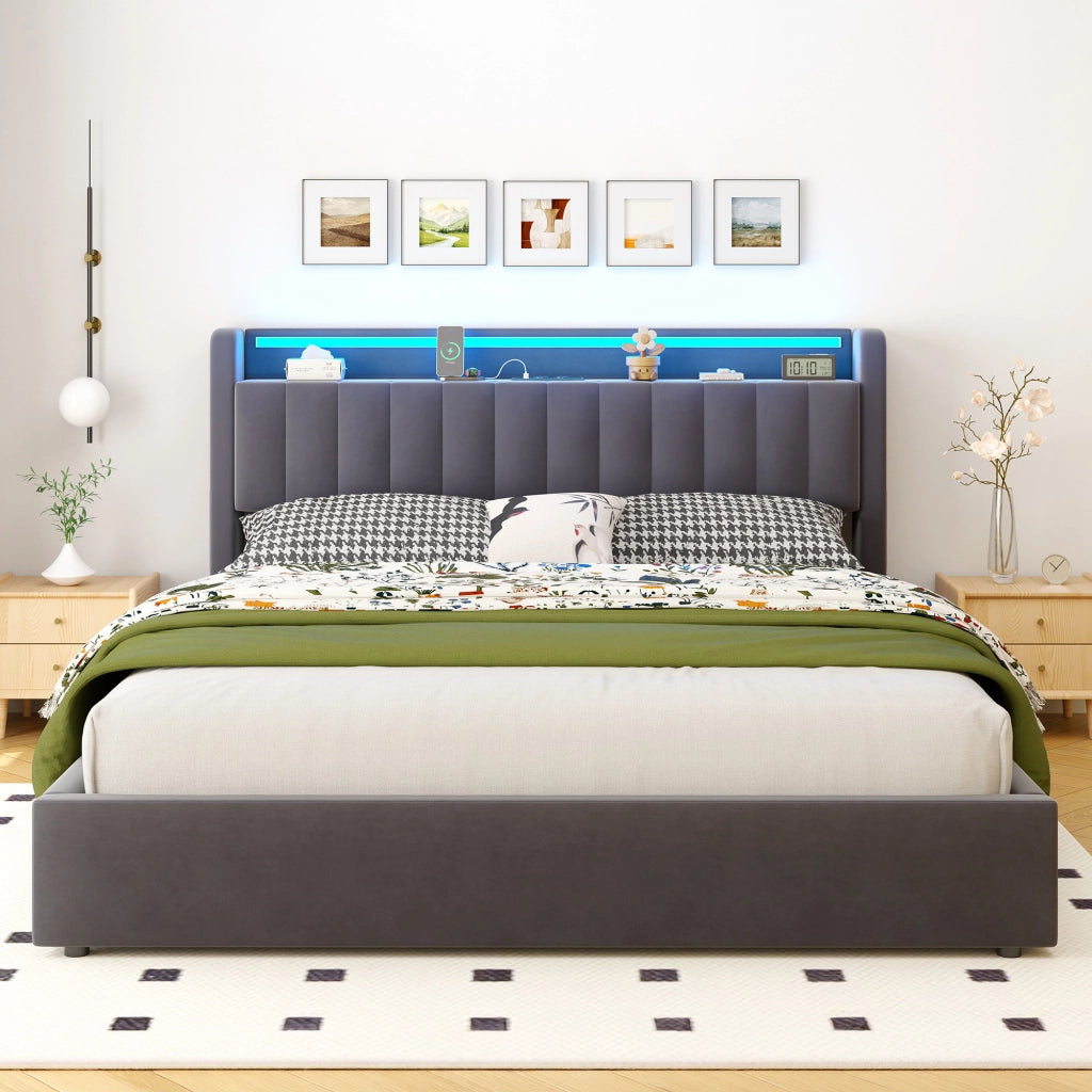 Letto Imbottito 140x200 cm Grigio Scuro in Velluto con Contenitore, USB e Luce d’Atmosfera