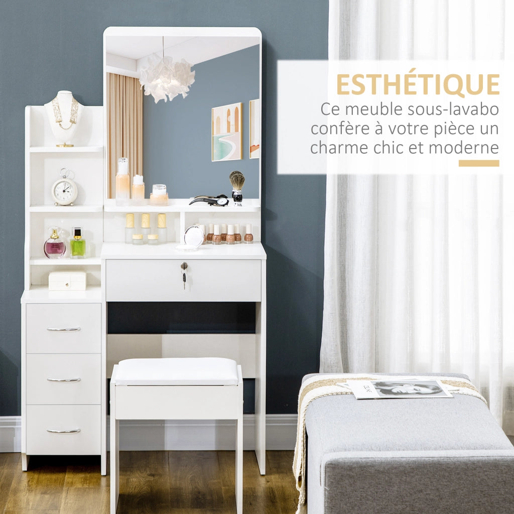 Scrivania da trucco con sgabello imbottito, specchio grande, ripiani aperti e 4 cassetti ¨C zephmum ¨C bianco
