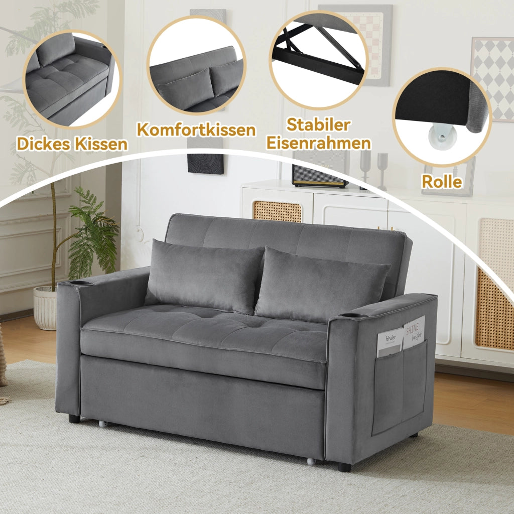 OKWISH Divano Letto 2 Posti, Schienale Regolabile a 3 Posizioni con Portabicchieri e Tasche Laterali, Velluto Grigio