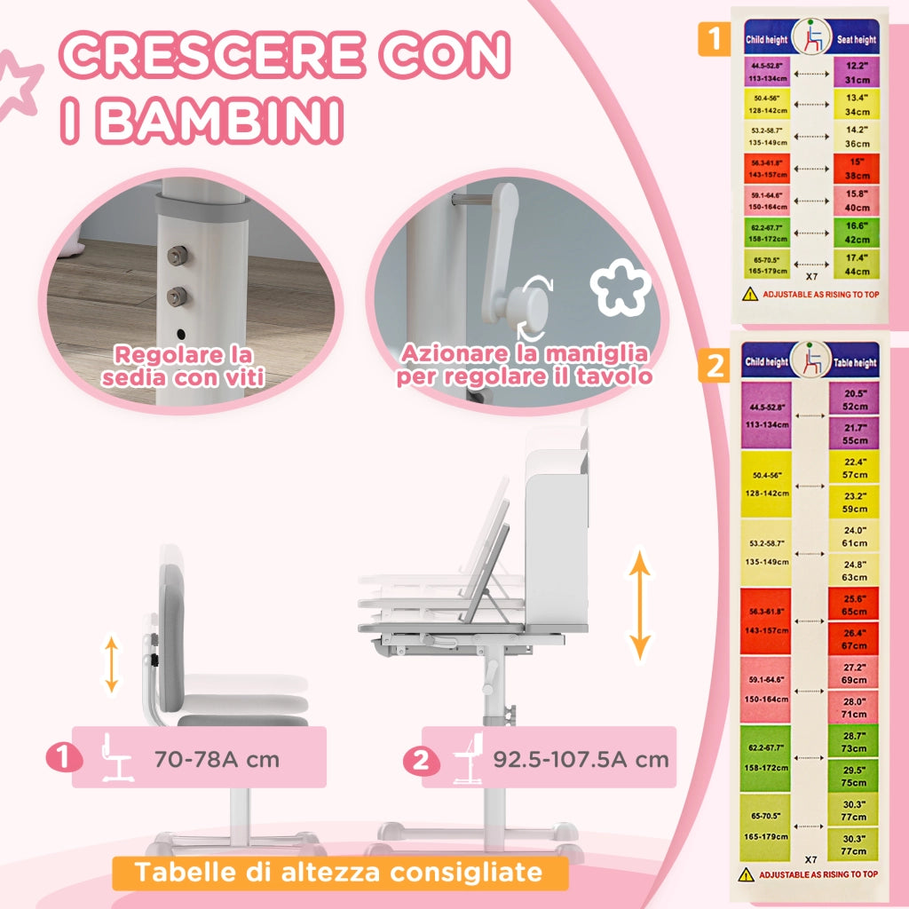 Scrivania Bambini Regolabile con Piano Inclinabile, Cassetto e Scaffale ¨C Zephmum ¨C Grigio