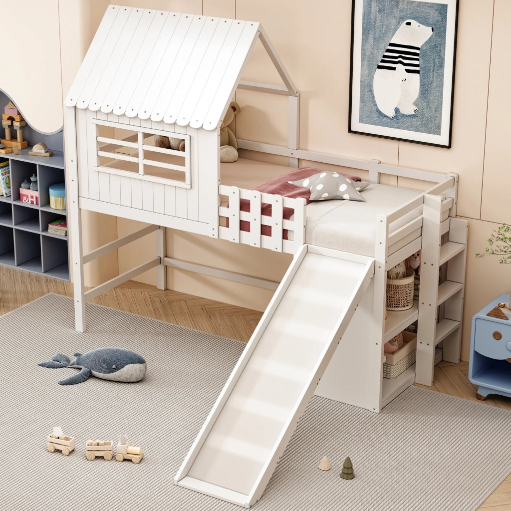 Letto a soppalco 90 × 200 cm con scivolo scala e ripiani in legno e MDF bianco con rete a doghe inclusa
