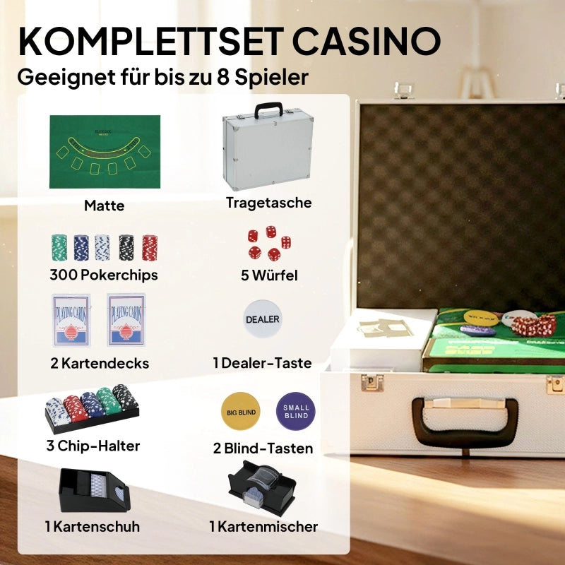 Set da poker, 300 fiches, dadi, 2 mazzi di carte, accessori, custodia, per 8 giocatori