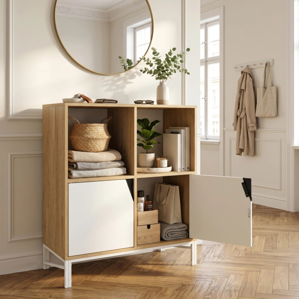 Mobile Contenitore Kerrköndam Comò con 2 Ante e 2 Vani Aperti 94 x 76 x 40 cm - Effetto Rovere/Bianco [en.casa]