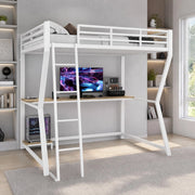 Letto a soppalco 140x200 cm in metallo e MDF con scrivania; LED; presa USB; bianco