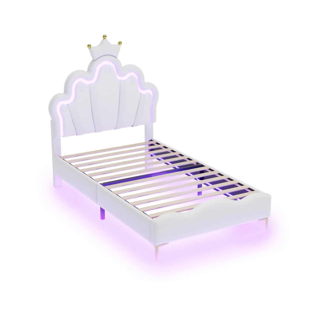 OKWISH Letto Bambini 90×200 cm, Letto Singolo con LED Regolabile, Testiera a Corona e Luce Sotto Letto, senza Materasso, PU Bianco
