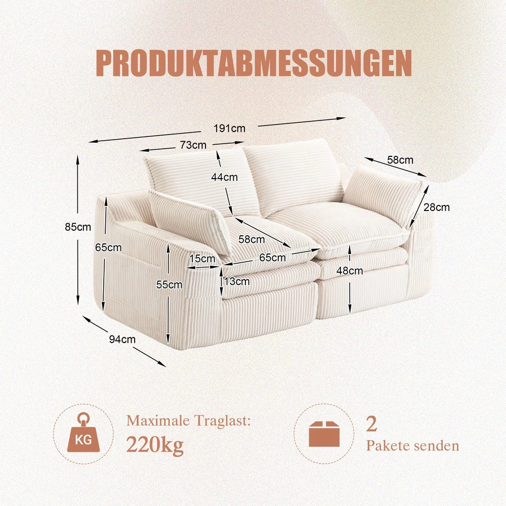 Divano 2 Posti Modulare in Velluto a Coste con Cuscini ¨C Xylo ¨C Beige