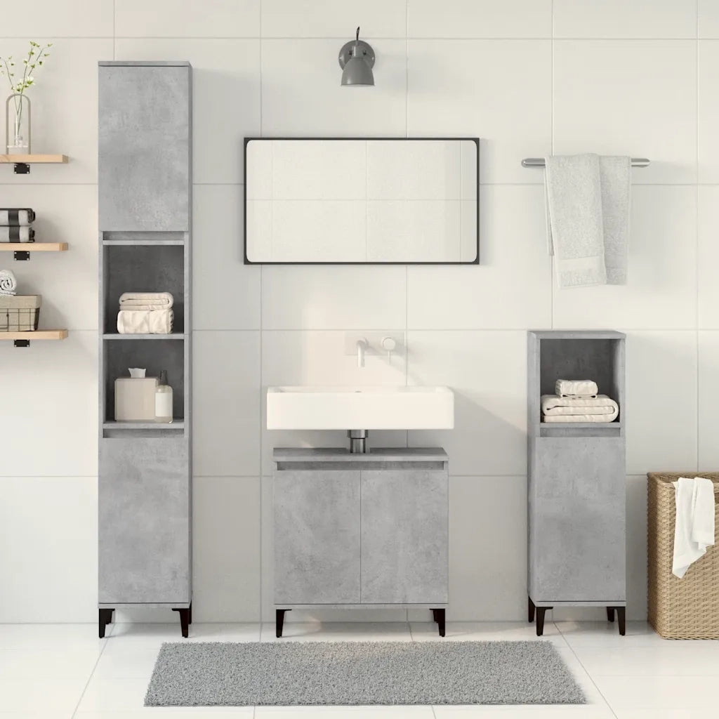 Set Mobili da Bagno | Armadio da bagno 3 pz Grigio Cemento in Legno Multistrato