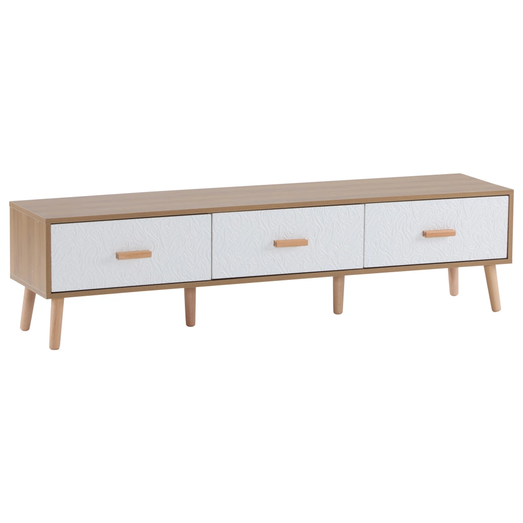 Mobile TV vintage 150 cm con 3 cassetti, finitura legno chiaro e dettagli bianchi