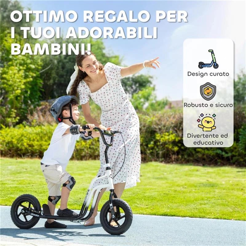 MONOPATTINO PER BAMBINI 5-12 ANNI CON FRENO, CAVALLETTO E MANUBRIO REGOLABILE BIANCO E NERO 129X52X80,88 CM