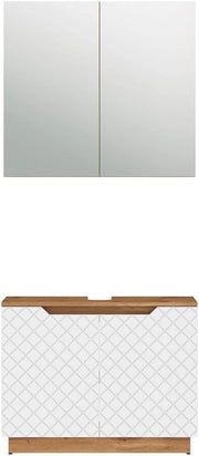 Set di mobili da bagno Lotta, Rovere/bianco con struttura in piastrelle, 2 parti