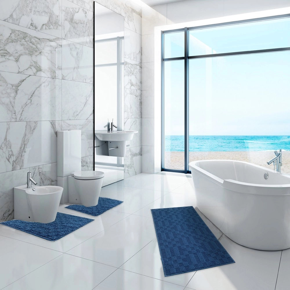 Tappeto Bagno 3D Morbido Assorbente Antiscivolo Lavabile Scendiletto Camera Set 3 Pezzi Blu