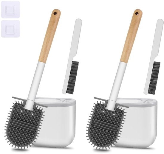 Set di spazzole per il water di silicone con testa piatta e flessibile, spazzola per il water senza fori, spazzola per il water con spazzola multifunzionale, piede con aperture di ventilazione, set da 2 (colore legno)
