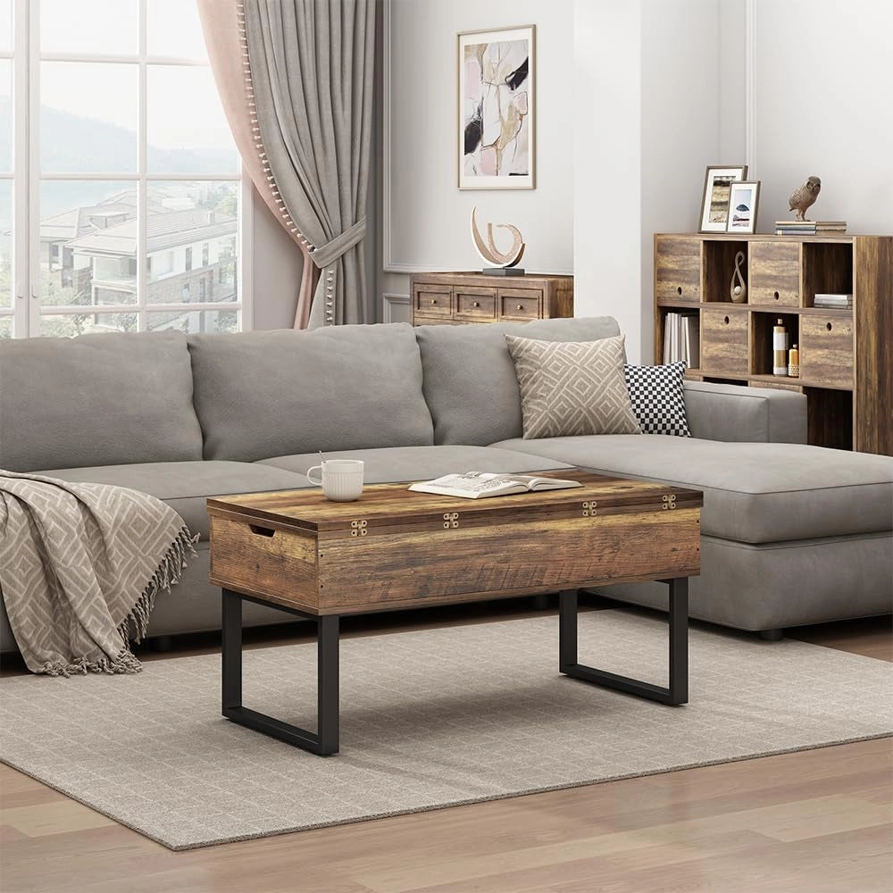 tavolino soggiorno Lifty, Rovere rustico, 100 x 50 cm con funzione di sollevamento, estendibile con piano regolabile in altezza e spazio contenitore