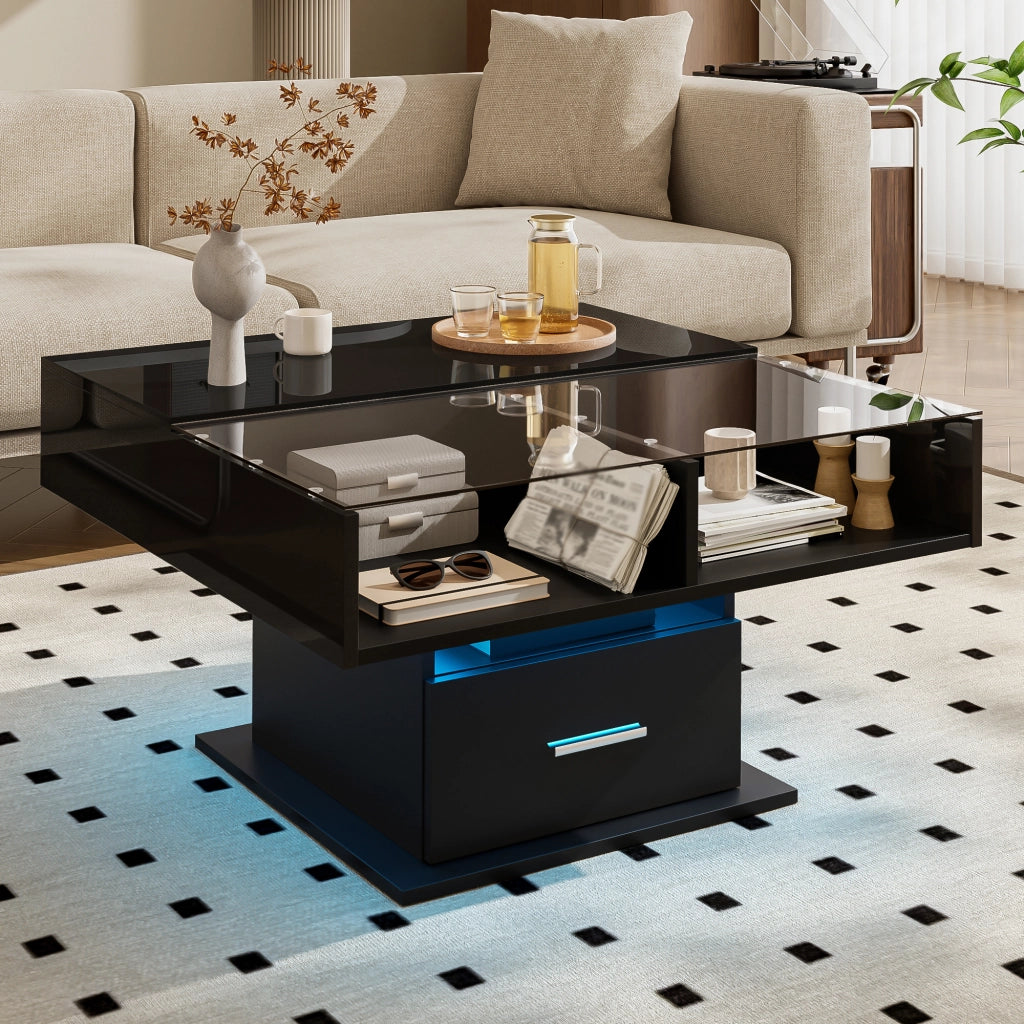 Tavolino da caff猫 elevabile con LED; vano contenitore e cassetto 78x78 cm nero