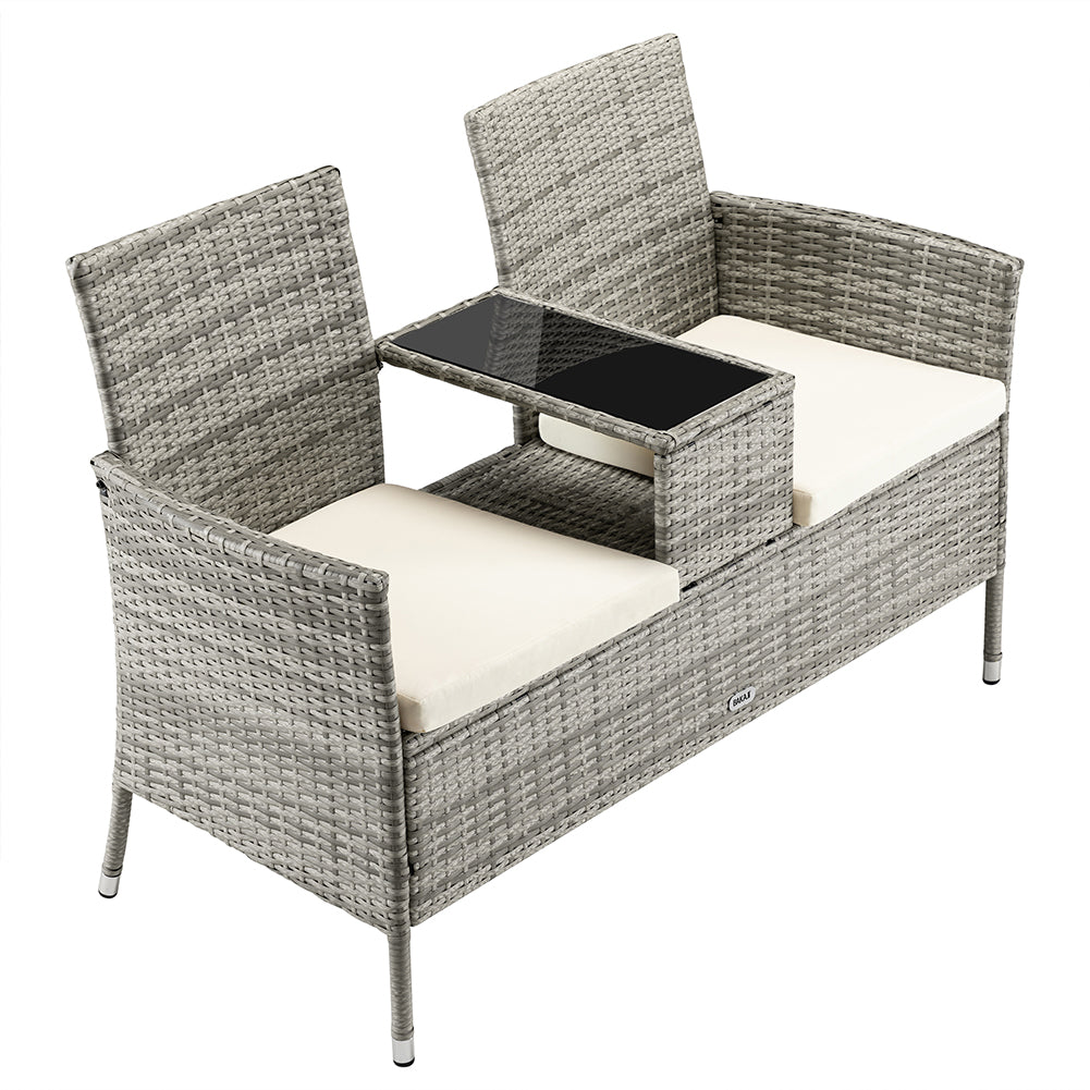 Panca da Giardino con Tavolino Integrato 123x54x 82,5 cm in Polyrattan e Vetro Grigio