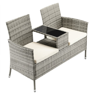 Panca da Giardino con Tavolino Integrato 123x54x 82,5 cm in Polyrattan e Vetro Grigio