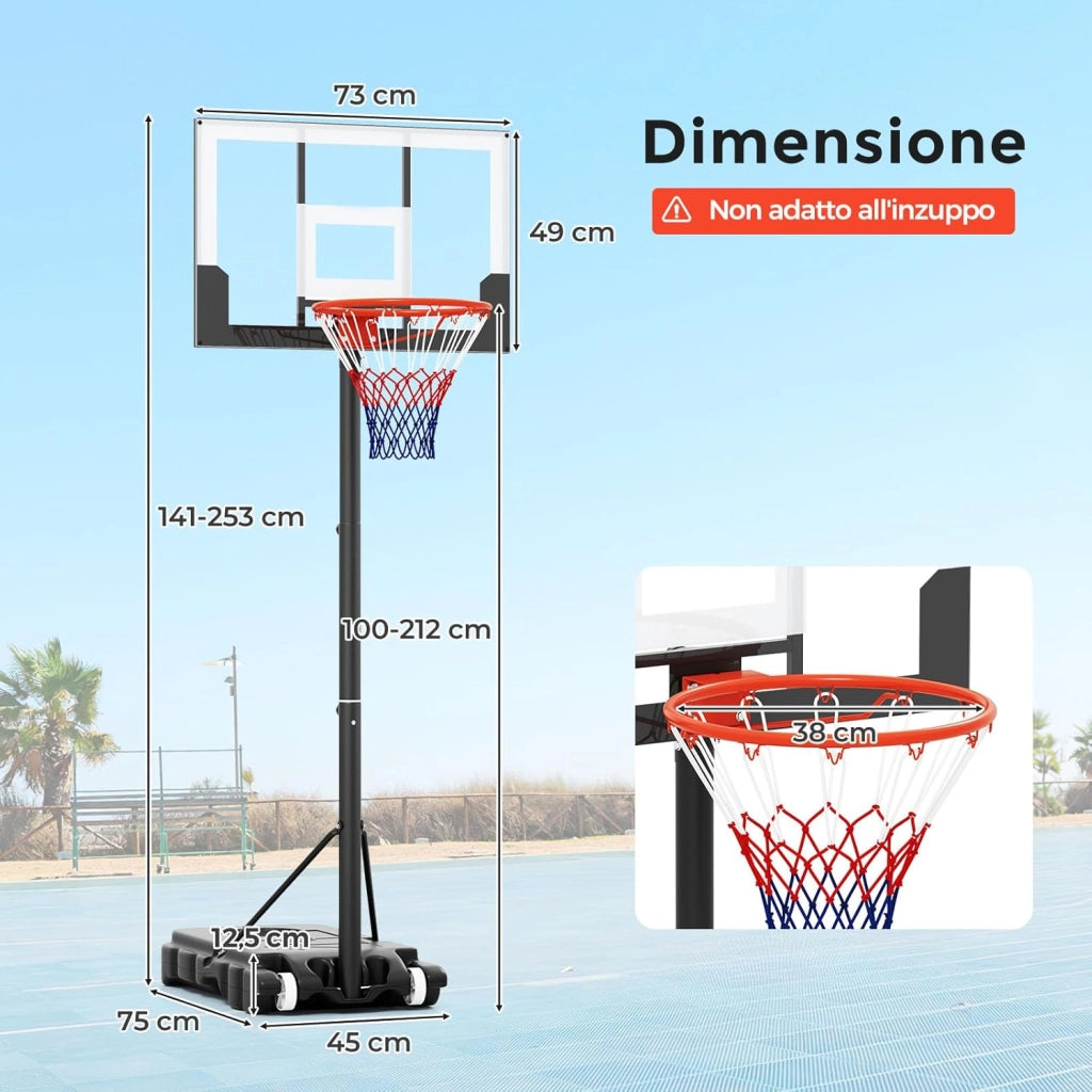 Canestro da Basket Esterno ed Interno Regolabile 100 cm-212 cm, Canestro da Basket per Bambini/Adolescenti Portatile con Tabellone in PC, Base Riempibile e Ruote