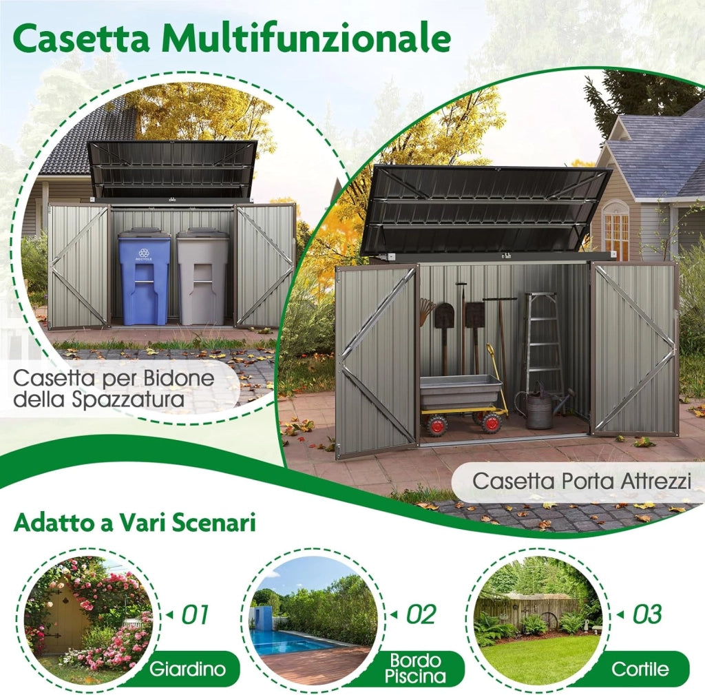 Casetta per Spazzatura Esterna, Capanno da Giardino Bloccabile con Doppie Aperture, 2 Porte e Struttura in Metallo Zincato, Ripostiglio per Patio e Cortile (Grigio Caldo)