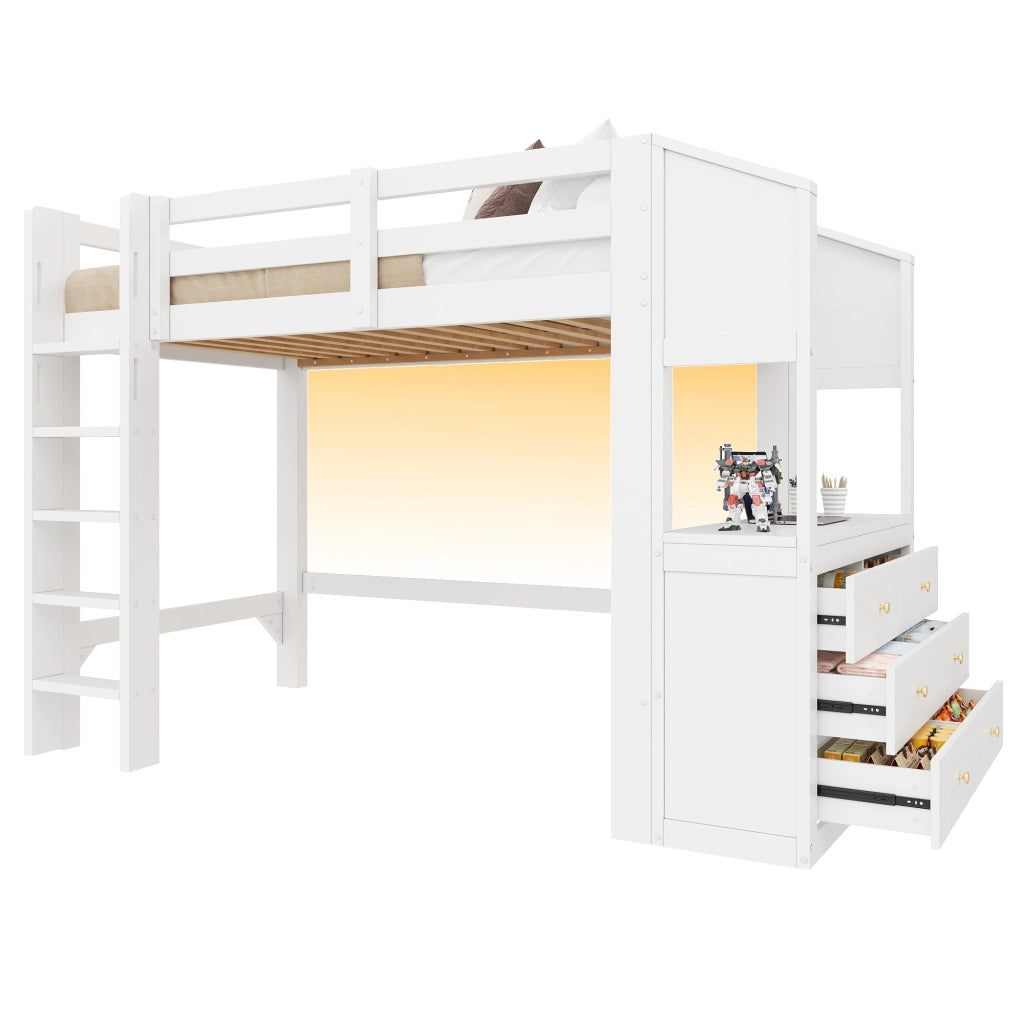 Letto a soppalco 90 × 200 cm con 3 cassetti, ripiani e LED regolabile, senza materasso, bianco