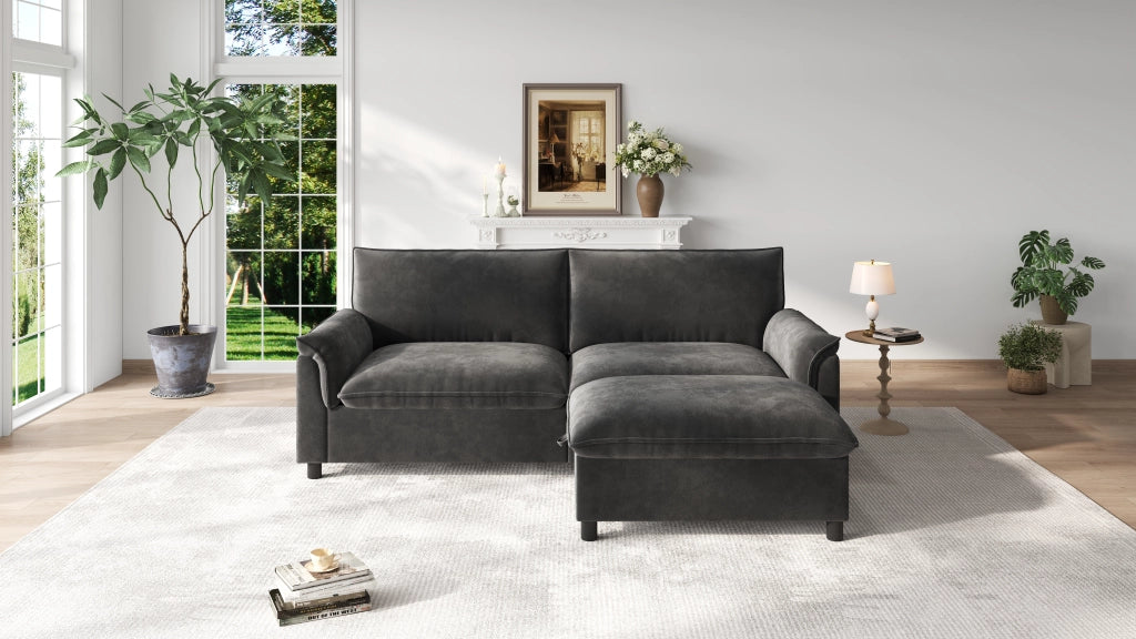 Divano modulare Cloud in chenille nero con pouf contenitore e funzione letto temporaneo