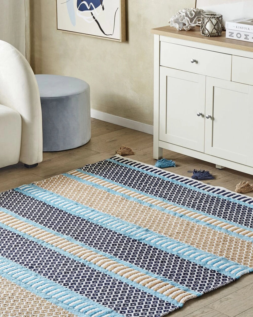 Tappeto Lana Multicolore 140 x 200 cm con Nappe Motivo Geometrico Rigato Tessuto a Mano Tessuto Piatto