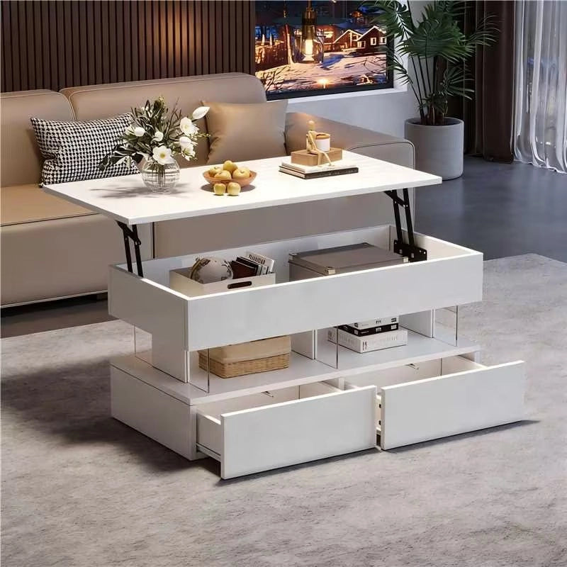 Tavolino basso sollevabile con LED, 2 cassetti e vano nascosto in MDF e acrilico bianco 100 × 50 × 46 cm