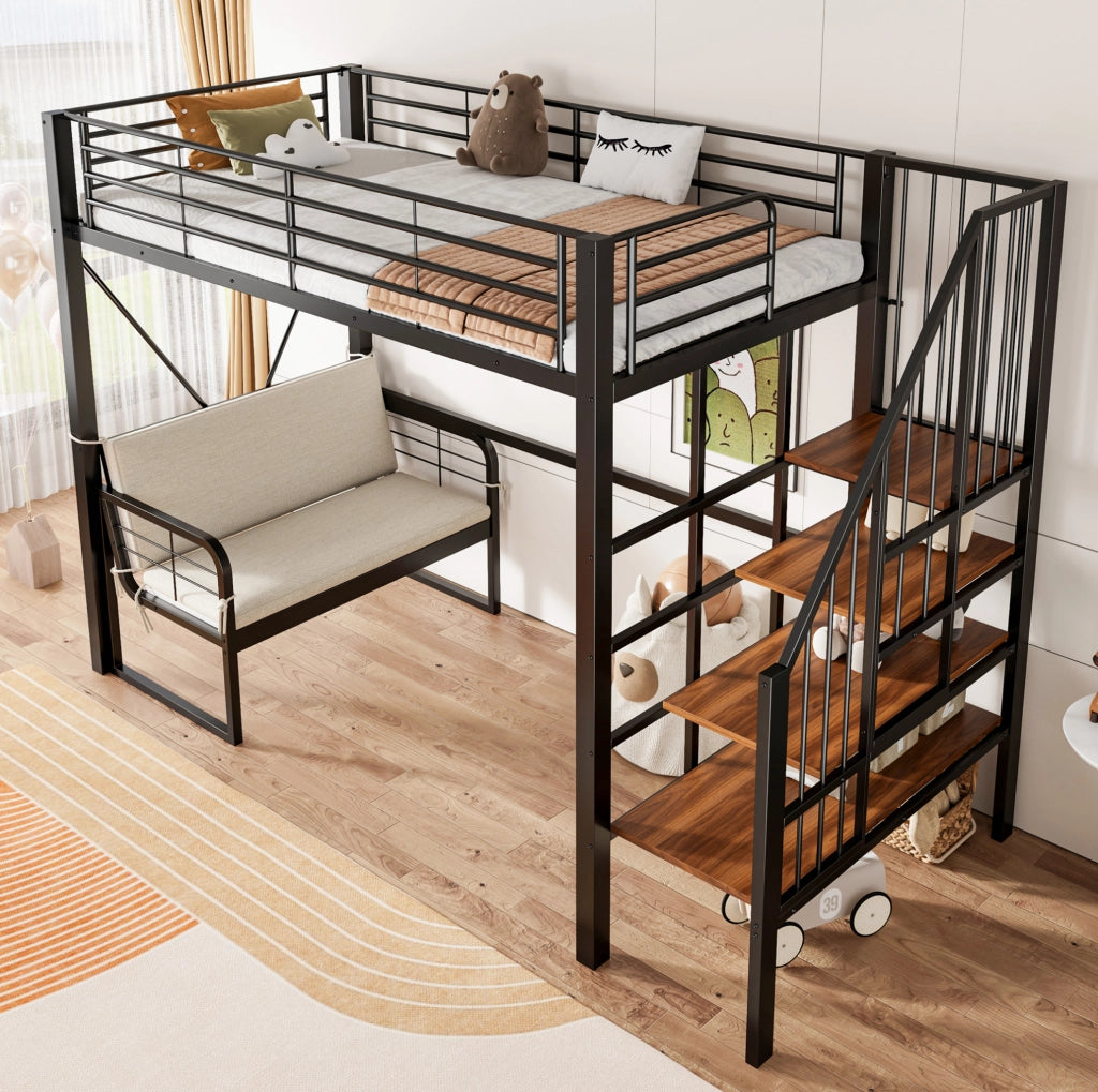 Letto a castello 90x200 cm in metallo con divano e scala contenitore