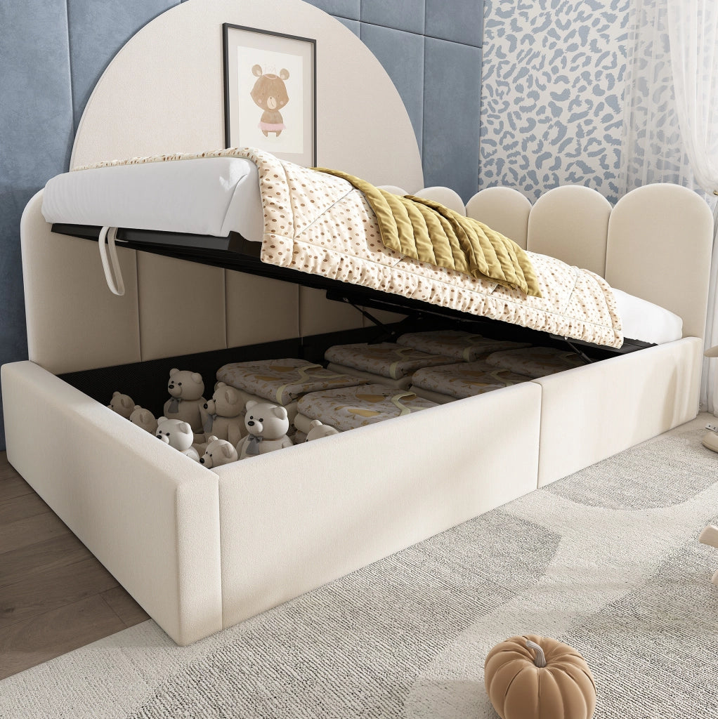 Letto daybed 90x200 cm con contenitore idraulico; struttura in metallo e velluto beige