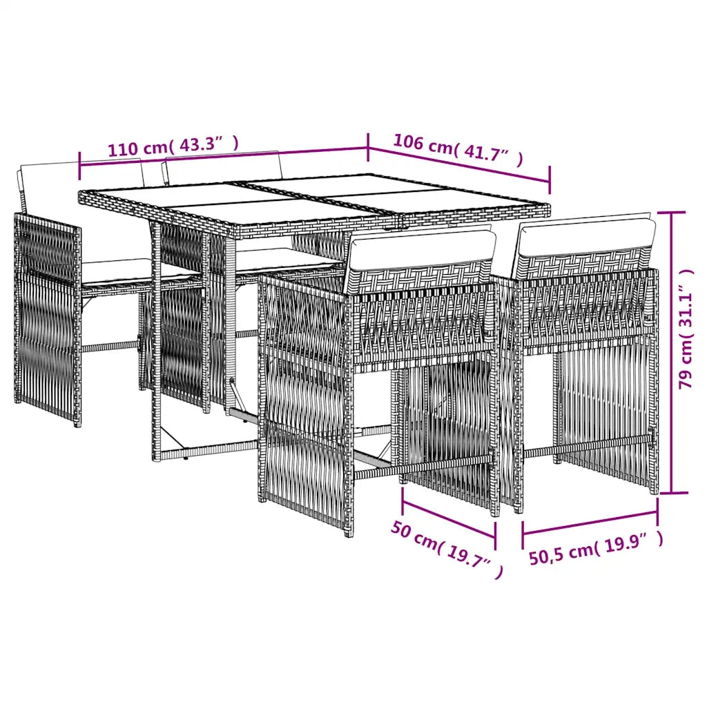 Set Pranzo da Giardino 5pz | Set Salotto da Giardino con Cuscini Grigio Chiaro Polyrattan