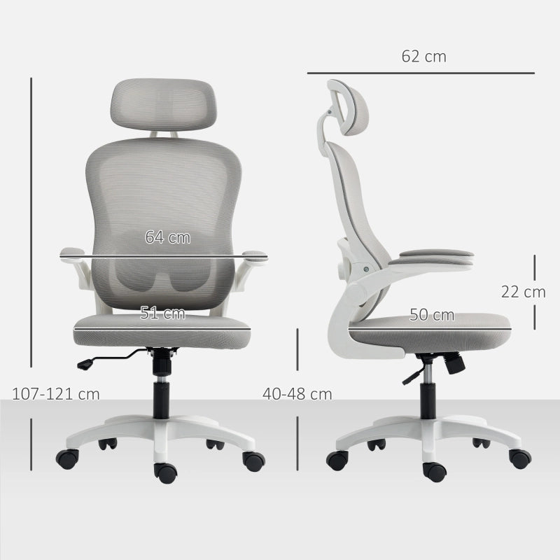 Sedia da ufficio ergonomica con braccioli pieghevoli e funzione dondolo in poliestere grigio 58 × 30 × 57 cm