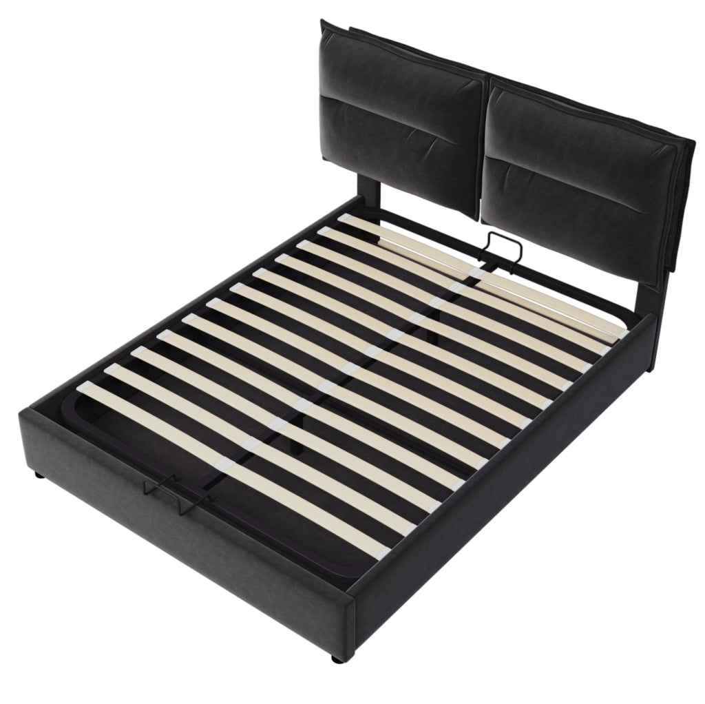 Letto matrimoniale imbottito 140x200 cm con testiera regolabile e contenitore; velluto nero