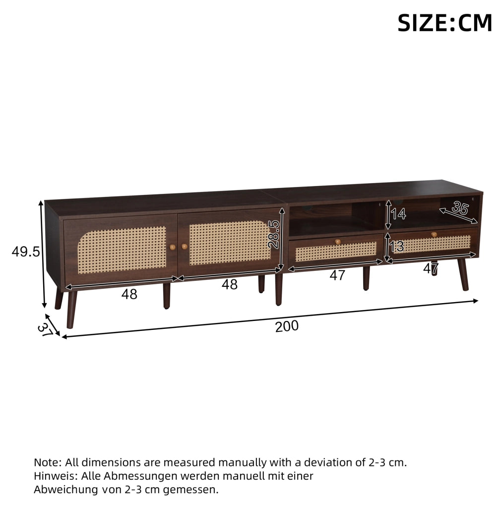 Mobile TV marrone con rattan, 2 ante e 2 cassetti, 200 cm
