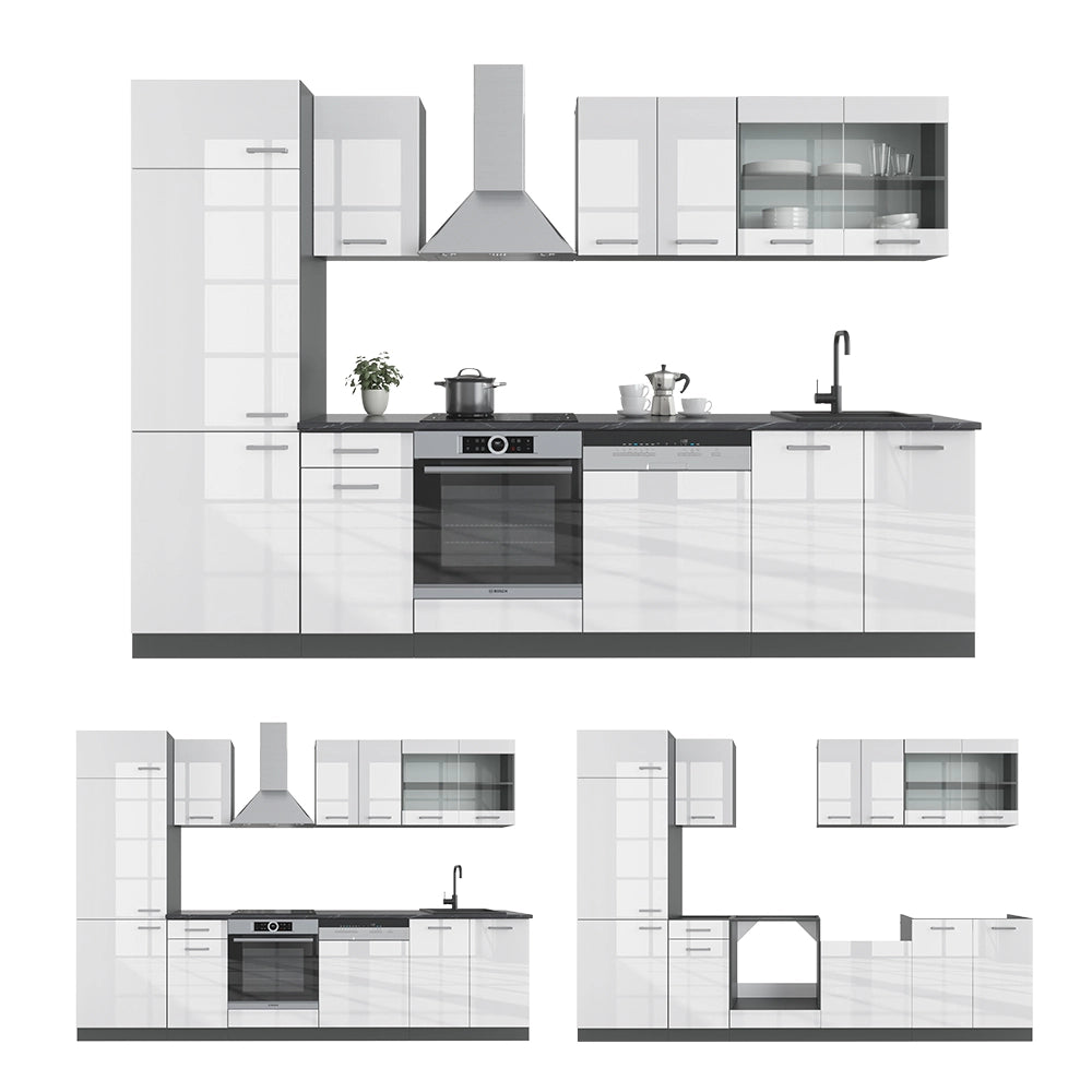 Vicco Cucina componibile Bianco lucido/antracite 300 cm senza piano di lavoro