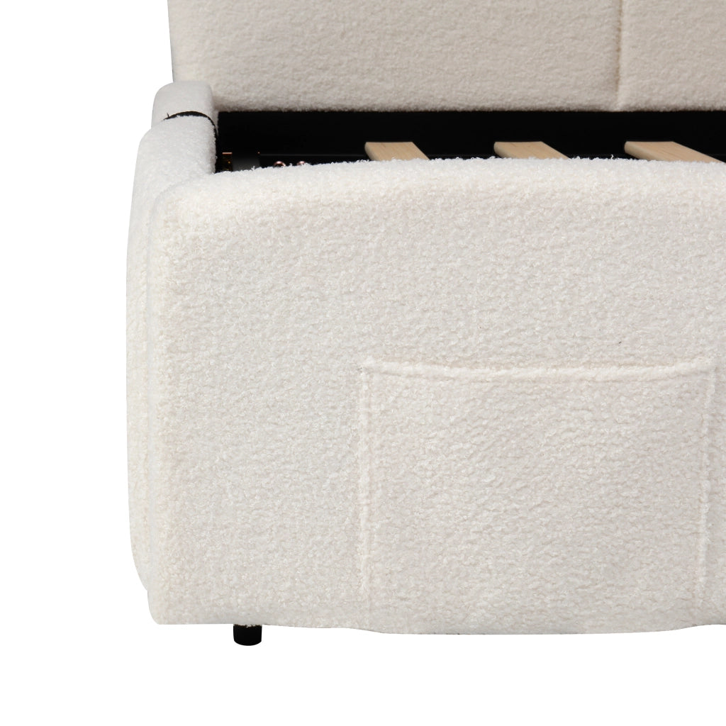 Letto contenitore 90x200 cm in bouclé beige con USB, rete e tasche laterali