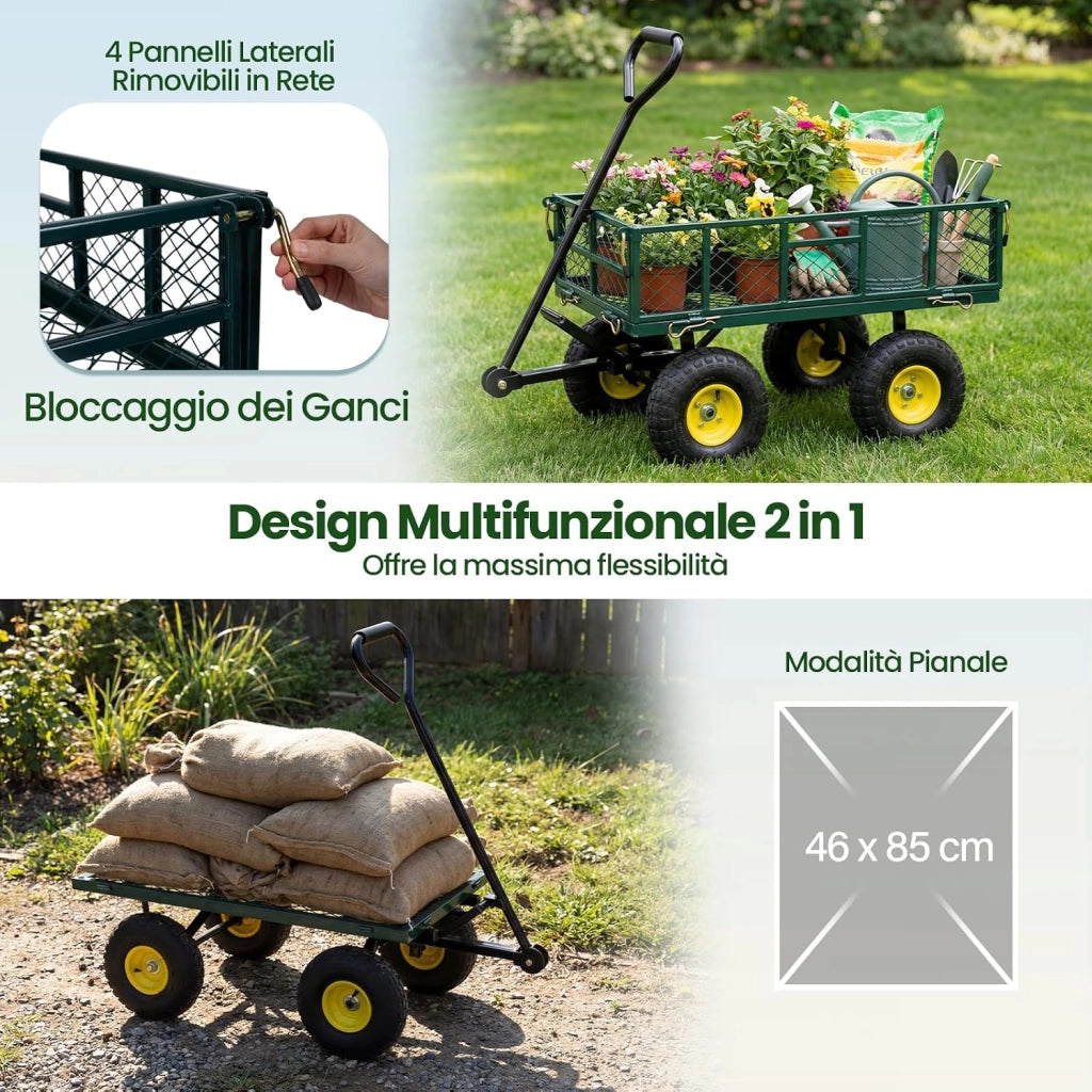 Carrello da Giardino in Metallo, Carretto a Mano con 4 Ruote Pneumatiche, Sponde Rete Rimovibili, Borsa Portaoggetti e Manico Regolabile, Portata 410 kg, per Giardinaggio, Trasporto e Fattoria