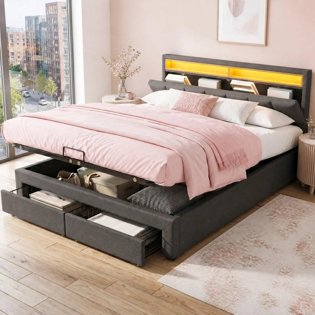 LETTO imbottito 180x200 cm in lino grigio scuro con illuminazione LED