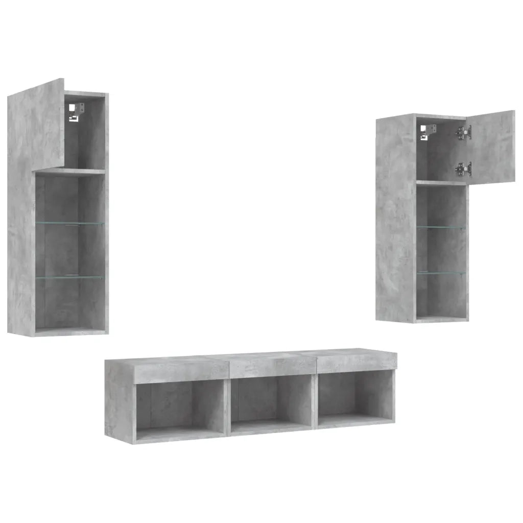 Mobili TV a Muro con LED 5pz Grigio Cemento Legno Multistrato 3216600