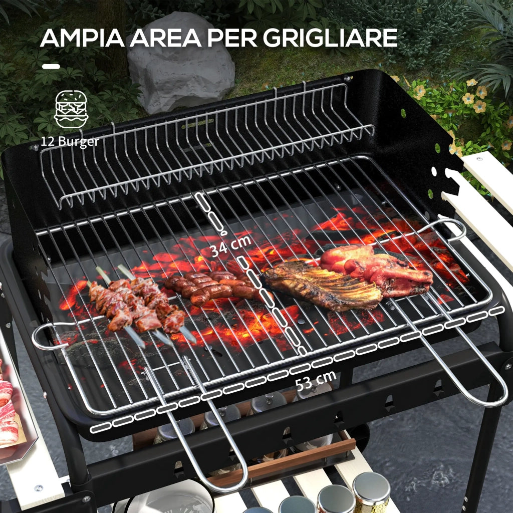 Barbecue a Carbonella 3 Ripiani e Vassoio 103x47x95 cm in Metallo Legno Nera