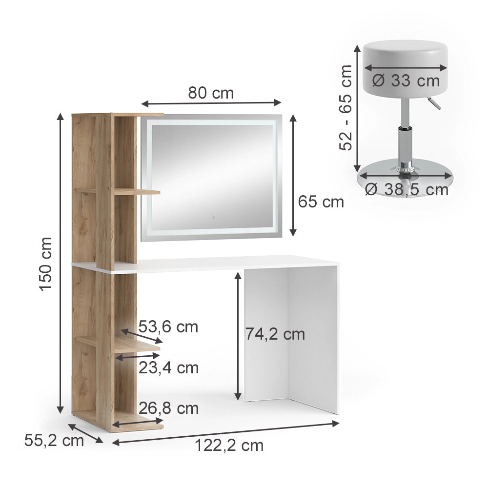 Vicco Tavolo da toeletta Bianco/Sonoma 122.2 cm con specchio LED e sgabello