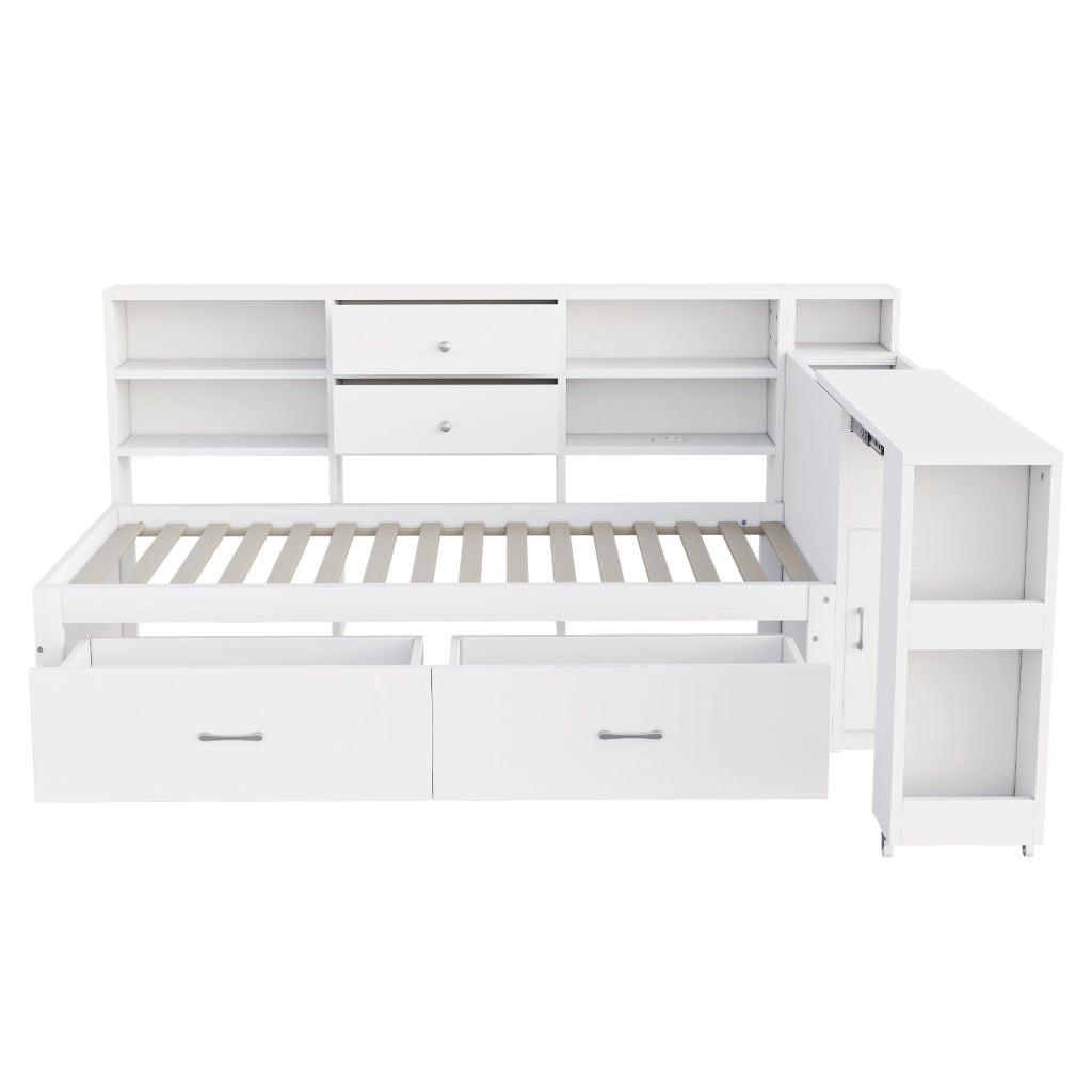 OKWISH Letto a Divano 90×200 cm, Letto Singolo con 2 Cassetti, USB, Presa e Scrivania Estraibile, senza Materasso, in Legno, Bianco