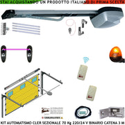 Kit Automatismo x Porta Sezionale 70 Kg da Soffitto 220/24 V 2 Radiocomandi Fotocellule Faro a Led Binario Alluminio 3 MT Catena 5,5 MT Sistema Autoreverse Blindino Cordino Sblocco Luce di Cortesia