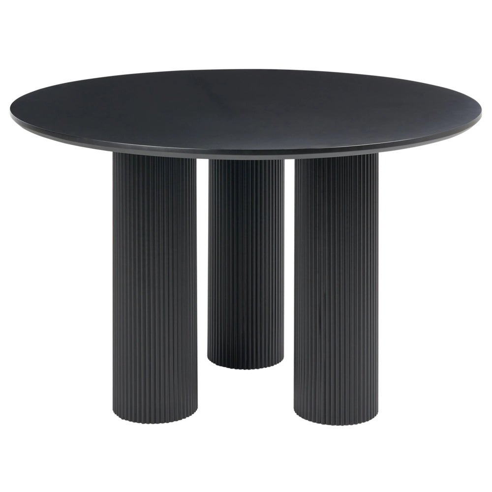 Tavolo da pranzo in MDF nero da 120 cm con gambe a colonna scanalate e nervate, design minimalista