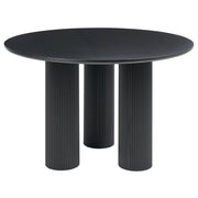 Tavolo da pranzo in MDF nero da 120 cm con gambe a colonna scanalate e nervate, design minimalista