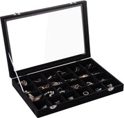 Organizzatore di gioielli in velluto, 24 cassetti, con coperchio trasparente, organizzatore di orecchini, contenitore chiuso a chiave, accessorio da inserire, hanger, pinze, regalo (nero, 24 cassetti)