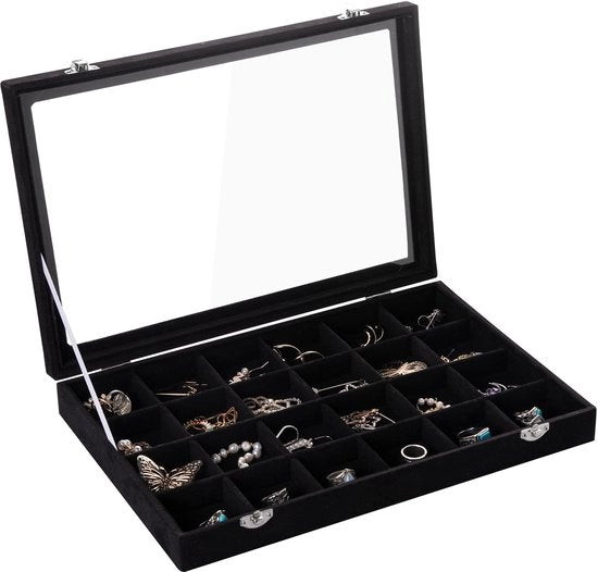 Organizzatore di gioielli in velluto, 24 cassetti, con coperchio trasparente, organizzatore di orecchini, contenitore chiuso a chiave, accessorio da inserire, hanger, pinze, regalo (nero, 24 cassetti)