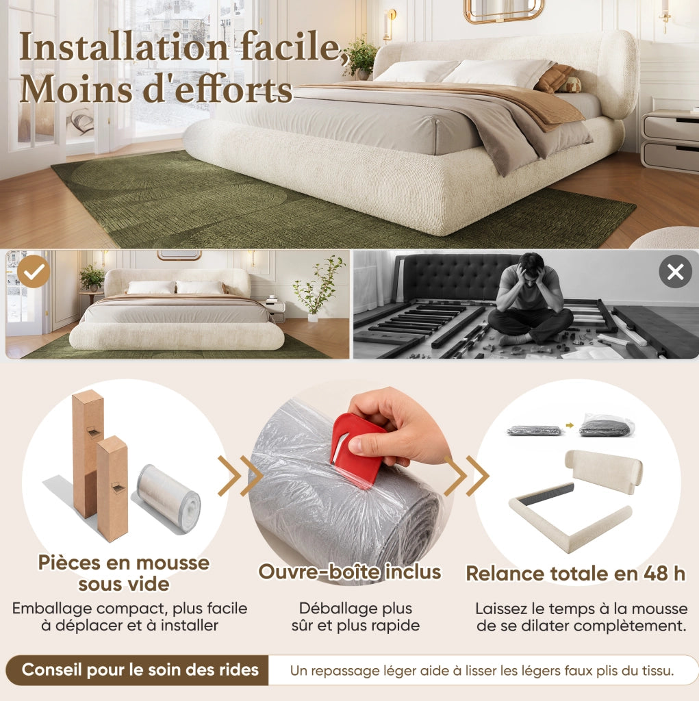 Letto matrimoniale imbottito 180 x 200 cm in ciniglia beige con rete a doghe