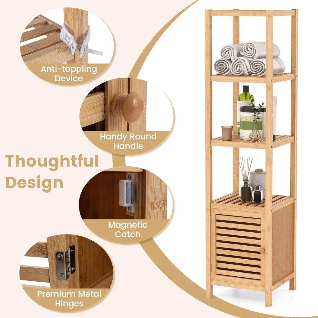 Armadio da Pavimento in Bambù, Armadietto Organizzatore Autoportante da 140 cm con Porta a Persiana e Ripiani Aperti, Torre Sottile per Bagno, Soggiorno, Cucina