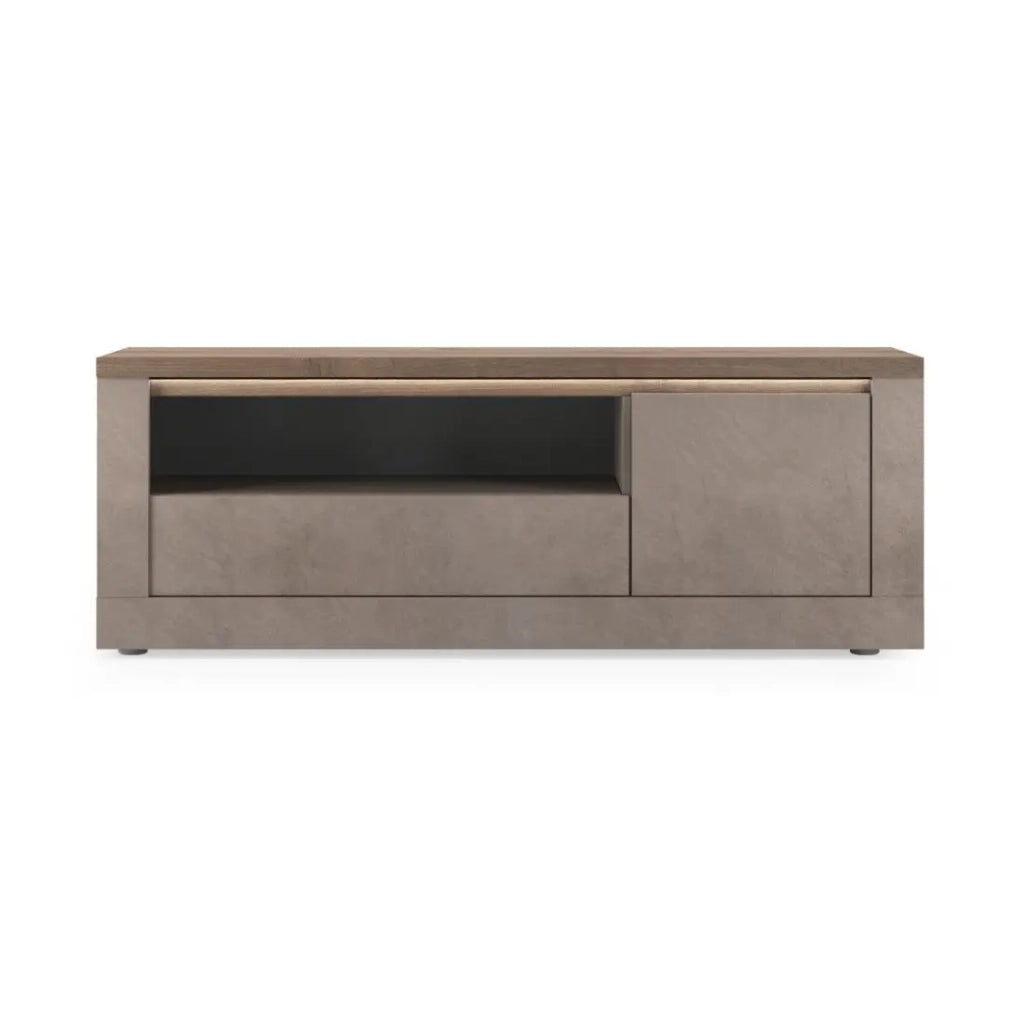 Mobile TV SASHA – 1 porta, 1 cassetto e 1 vano con LED – Bronzo e piano in legno Mercurio